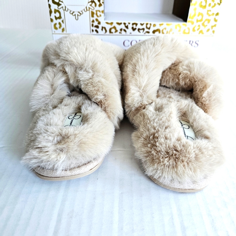 Jessica Simpson faux fur slippers size L 8-9 tan crisscross open toe NIB - Picture 7 of 14